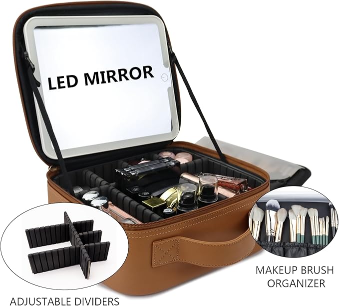 Travel Makeup Bag with LED Mirror Travel Makeup Organizer with 3 Lighted Settings, Adjustable Dividers and Makeup Brush Storage Bag Brown