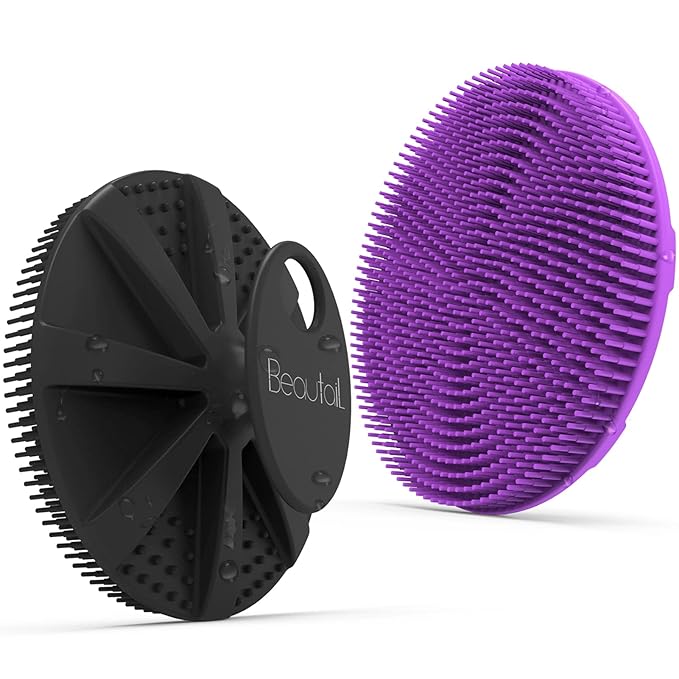 Silicone Body Scrubber 2 Pack, BEAUTAIL Shower Bath Scrubber, More Hygienic Than Traditional Loofah, Lather Nicely, Gentle Exfoliating Brush for Women Men Baby Sensitive Skin, Black+Purple
