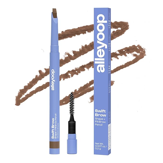 ALLEYOOP Swift Eyebrow All-In-1 Brow Definer with Built-In Sharpener & Spoolie Brush, Water & Smudge Resistant and Eyebrow Pencil for Women, Natural Matte Finish, Vegan, Cruelty-Free (Medium Brown)