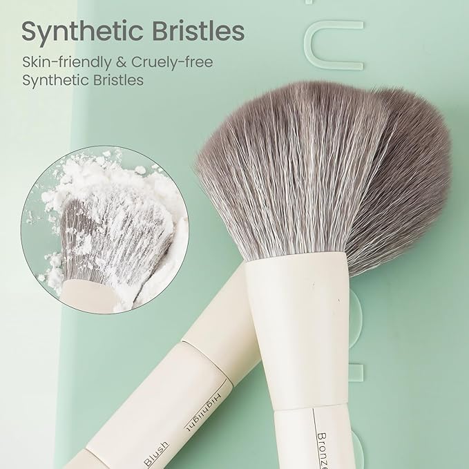 13-in-1 Dual-Ended Makeup Brush Set with Sponge & Travel Case – 7 Multi-Functional Brushes for Face & Eyes – Soft Bristles, Wooden Handles – Available in Cream, Green, or Pink (Mint Green)