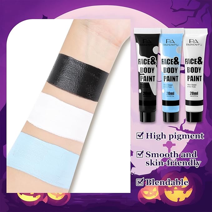 Black White Light Blue Face Paint - Water-Based Non-Toxic Face Body Paint Kit for Skeleton Ghost , Full Coverage Washable Formula for Halloween Cosplay ,Costume Parties, Stage Performances