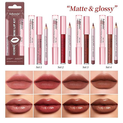 3PCS Lip Liner and Lipstick Combo Set - Matte Lip Liner Pencil, Velvet Matte Lipstick & Hydrating Collagen Lip Gloss - Long-Lasting, Smudge-Proof, High Pigment Nude Brown Lip Makeup Kit (#2 Red Rose)