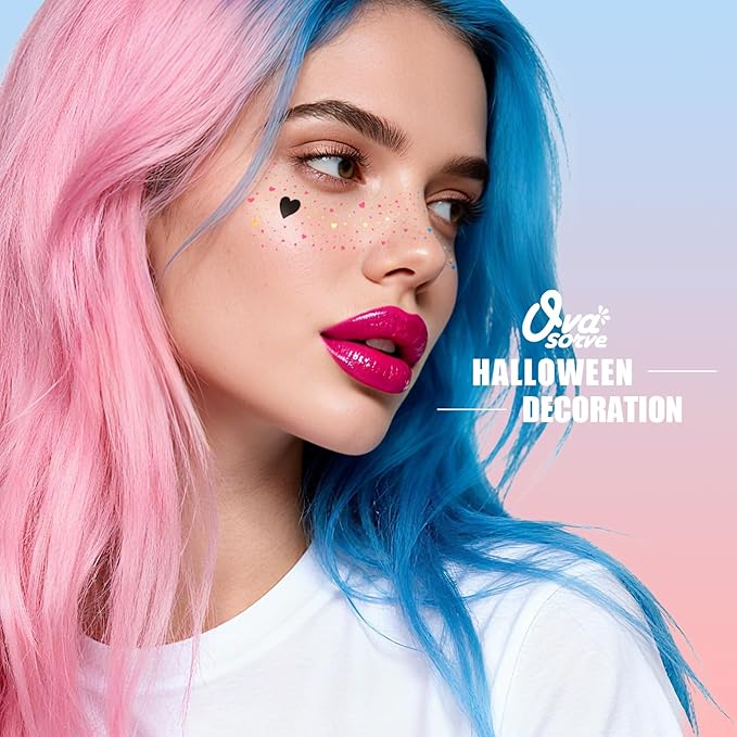 HQ Joker Freckles Face Tattoo - Pink & Blue Temporary Tattoos with Sinister Smiles | Waterproof Face Makeup for Halloween Costume, Zombie Party & Cosplay (8 Sheets)