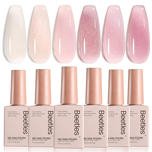 Beetles Jelly Gel Nail Polish Set - 6 Colors Nude Pink Purple Glitter Gel Polish Kit Faded Rose Color Neutral Sheer Gel Translucent Effect Soak off UV DIY Salon Manicure Gift for Women