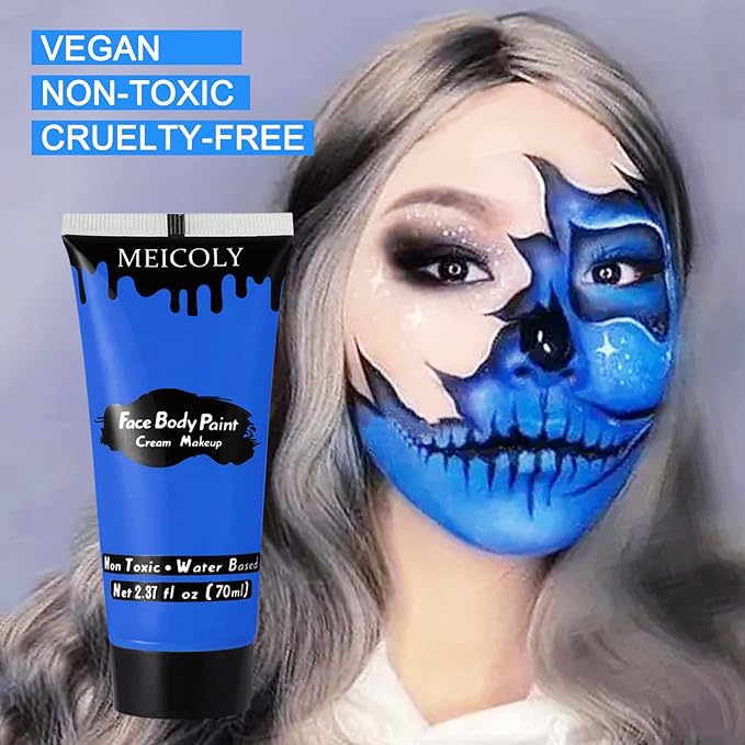 MEICOLY Cream Royal Blue Face Body Paint,2.37Oz Large Tube Water Based Full Body Paint for Adult and Kid,Single Tube Dark Blue Face Paint for Smurf Mystique Cosplay Avatar Makeup,Halloween SFX Makeup