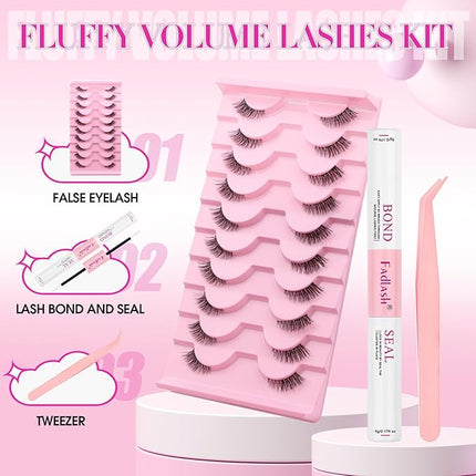 FADLASH False Eyelashes Kit 10 Pairs Faux Mink Lashes Wispy with Lash Bond and Seal and Tweezer Fake Eyelashes Natural Look Handmade Eyelashes Cat Eye Lashes Fake Lashes Strips (BY001 Kit)