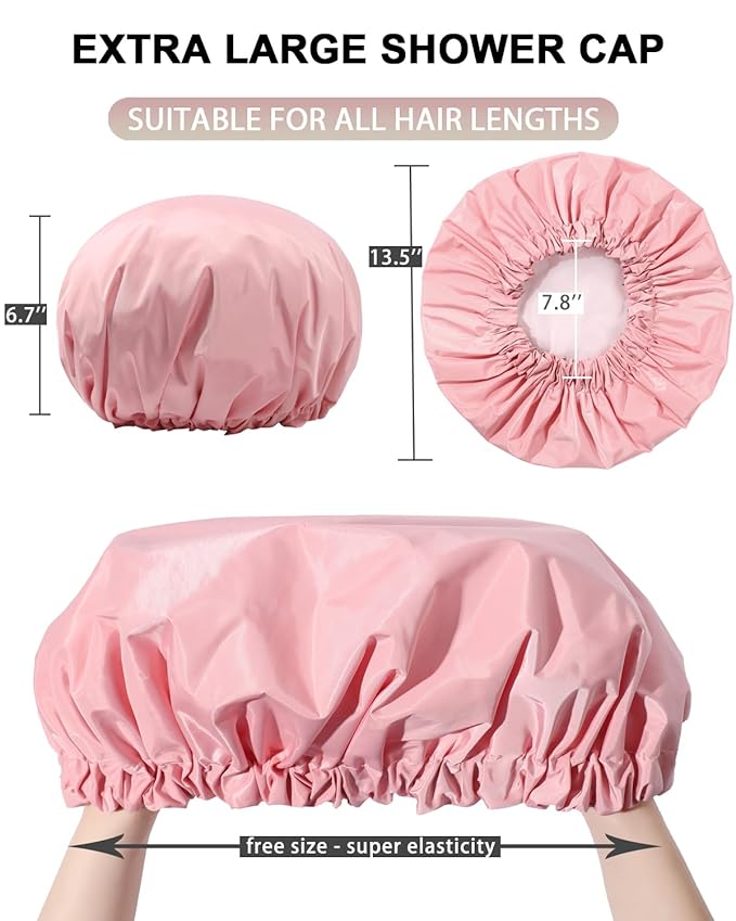 YIZIJIZI Shower Cap,Shower Caps for Women Reusable Waterproof,Two Layer Large Shower Caps Reusable Suitable for All Types of Straight Hair, Curly Hair, Long Hair,Braids (pink)