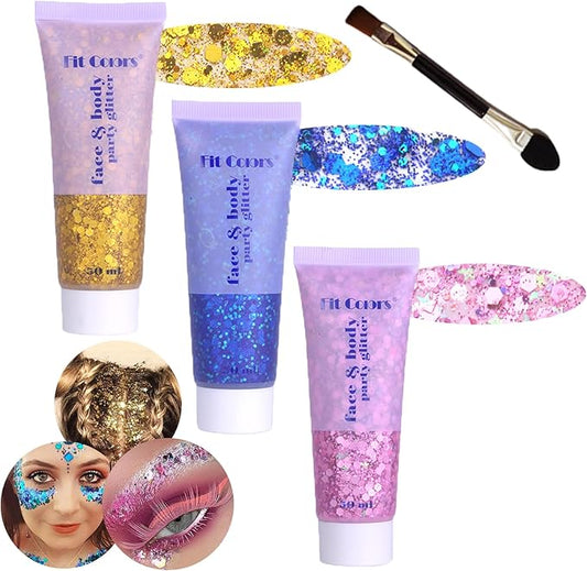 Body Glitter Face Glitter Gel: Singer Concerts Disco Festival Rave Accessories Face Glitter Makeup 150ml Chunky Sequins Mermaid Face Body Hair Glitter Gel (Pink&Gold&Blue)