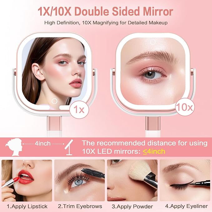 Makeup Mirror with Lights, 1X/10X Magnifying Vanity Mirror with 3 Colors, 2000mAh Rechargeable Double Sided Magnifying Mirror, Height Brightness Adjustable, 360° Rotation Vanity