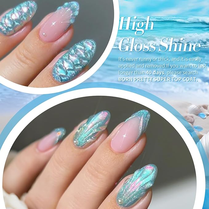 BORN PRETTY Blue Gel Nail Polish 6 Colors Shimmer Swirl Pacific Blue Glitter Blue Green Gel Polish Swirl Shell Thread Effect Soak Off Nail Art Design Salon Home Manicure Gift