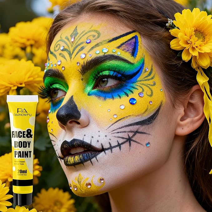 Yellow Face Body Paint -Water-Based Non-Toxic Body Painting for Cartoon Character Halloween SFX Cosplay, Full Coverage Washable Paint for Costume Party Theater Stage Performance