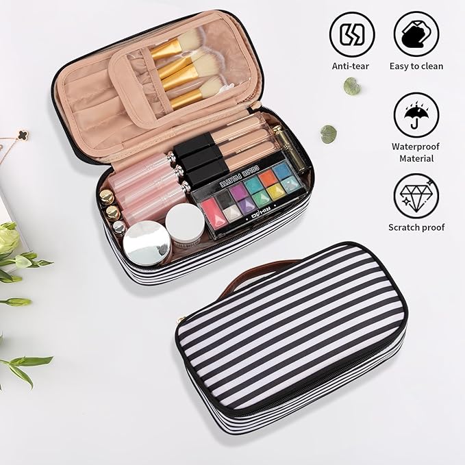 OCHEAL Small Cosmetic Bag,Portable Cute Travel Makeup Bag for Women and girls Makeup Brush Organizer cosmetics Pouch Bags-Black/White Stripes