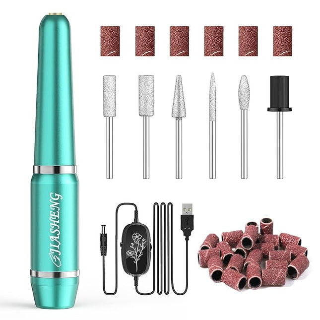 JIASHENG USB Electric Nail Drill, Portable Electric Nail File for Acrylic Gel Nails, Professional Drill Nail Kit Manicure and Pedicure Kit with Drill Bits for Home and Salon Use, Green