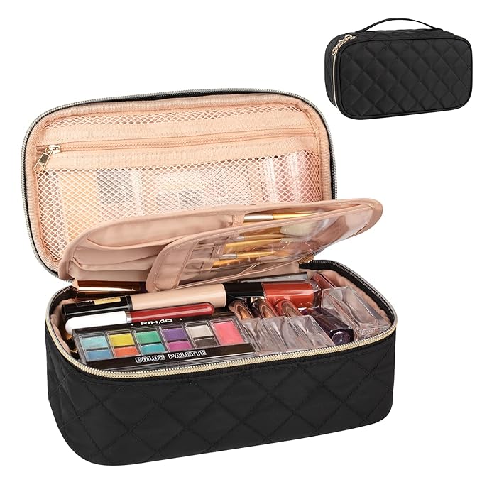 OCHEAL Small Makeup Bag,Portable Cute Travel Makeup Bag Pouch for Women Girls Makeup Brush Organizer Cosmetics Bags with Compartment-Nylon Black