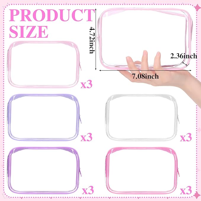 15 Pcs Pink and Purple Clear Makeup Bag with Zipper PVC Toiletry Bag Portable Waterproof Make up Pouches Clear Makeup Case Organizer for Women Travel Toiletries Bathroom Organizing