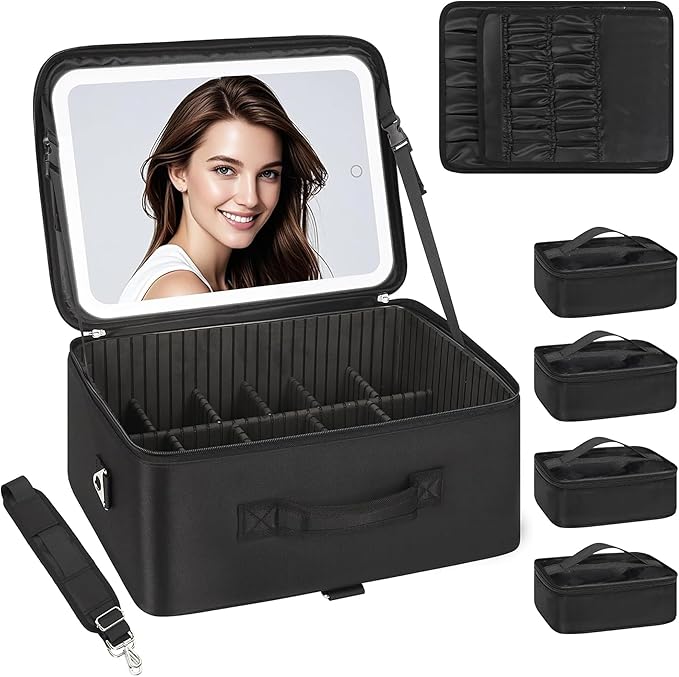 Relavel Extra Large Cosmetic Bag with LED Mirror, Train Makeup Case with Adjustable Dividers and 4 Removable Pouches, Hair Supplies Organizer, Portable Cosmetic Organizer Bag for Makeup Artists