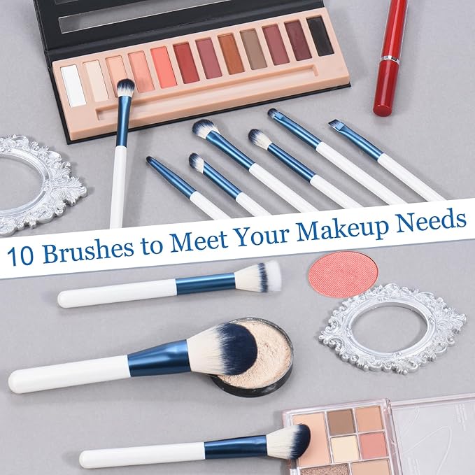 Makeup Brushes Set With Case 10Pcs White Makeup Brush Kit Foundation Eyeshadow Powder Blending Kabuki Eyebrow Eyelash Brushes Cosmetic Brush Travel Kit Gift (White+Blue)