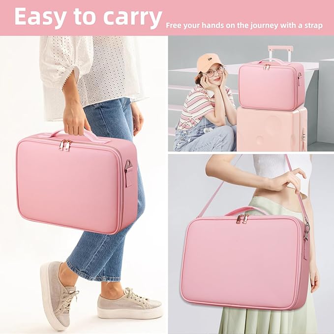 15"×11" Large Pink Makeup Bag with Mirror, Personal Item Travel Bag with Makeup Mirror 3 Lights, Waterproof Train Case with Mirror and Adjustable Dividers,Professional Lighted Makeup Case