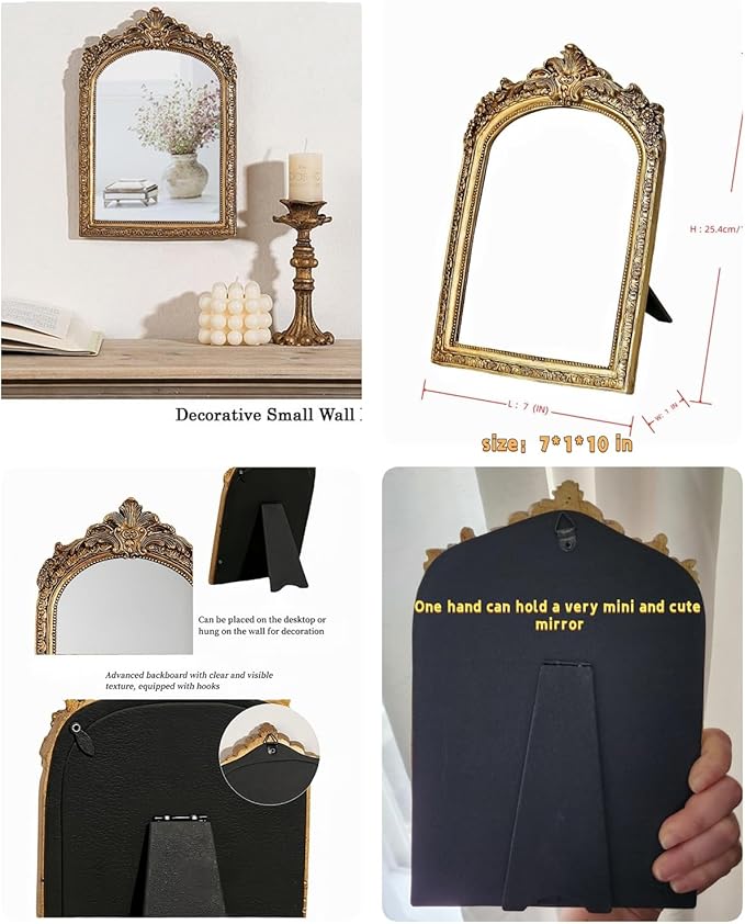 Small Gold Vintage Vanity Desk Makeup Mirror Antique Decorative Wall Mirror,Resin Carved Arch Table Mirror with Stand for Living Room,Bedroom Dresser,Desktop Decor 10.2" x 7" ﻿
