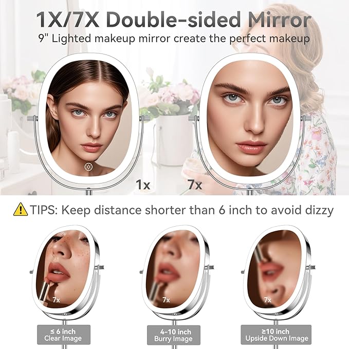 DOWRY Lighted Makeup Mirror with 7X Magnification, Height Adjustable Vanity Mirror, Rechargeable 3 Color Lights Lighted Makeup Mirror, 360° Swivel Double Sided Magnifying Mirror