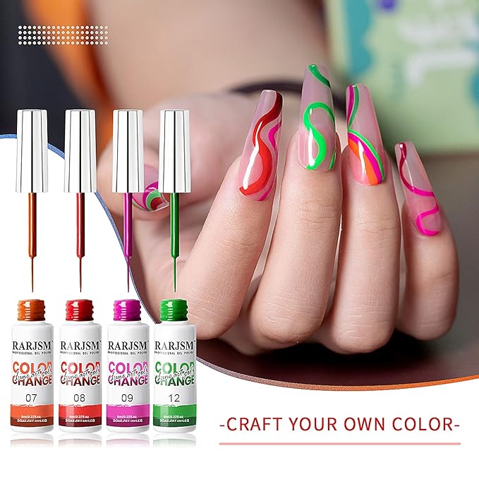 RARJSM Temperature Color Changing Painted Line Art Gel Nail Polish Set,12 Colors Mood Changing Gel Polish Pink Orange Red Blue Green Purple for Fall Winter Nail Art DIY Design Curing Required 8ml