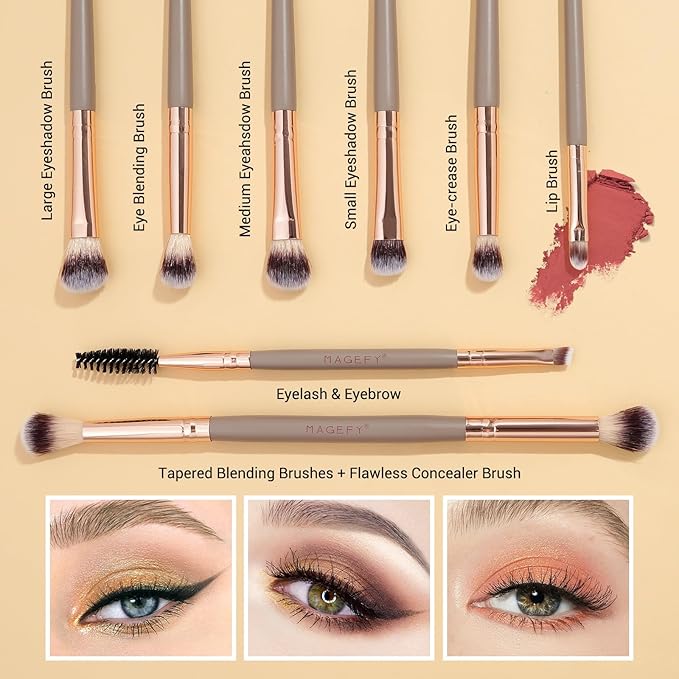 MAGEFY Makeup Brushes 12Pcs with Bag, Double-End Multi-functional for Foundation Powder Blush Eyeliner Eyeshadows brushes with Gift Box,Champagne