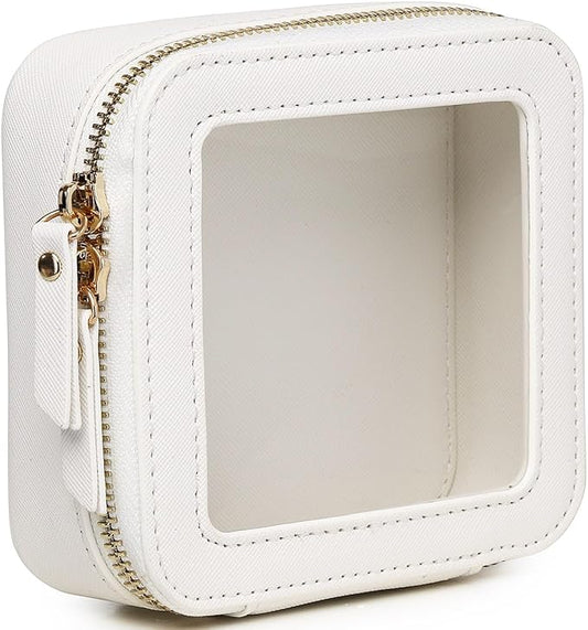 Pinkmik Small Makeup Bag Mini Clear Cosmetic Makeup Case & Toiletry Bag with Zipper Women's Purse Organizer & Car Essentials (White, MINI)