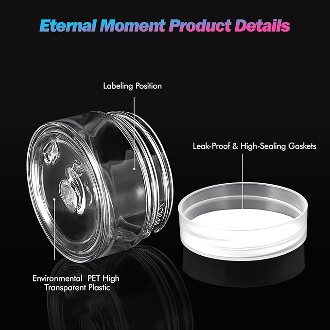 50 Pack 1 OZ Plastic Jars Round Clear Cosmetic Container with Clear Lids, Eternal Moment Slime Jars for Lotion, Cream, Ointments, Makeup, Eye shadow, Rhinestone, Samples, Pot, Travel Storage