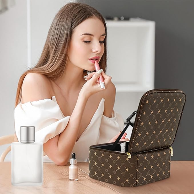 Travel Makeup Bag With 360° rotating LED Mirror,Waterproof cosmetic organizer,Portability Cosmetic case,Makeup organizer,Gift for Women,Girls Gift (Brown)