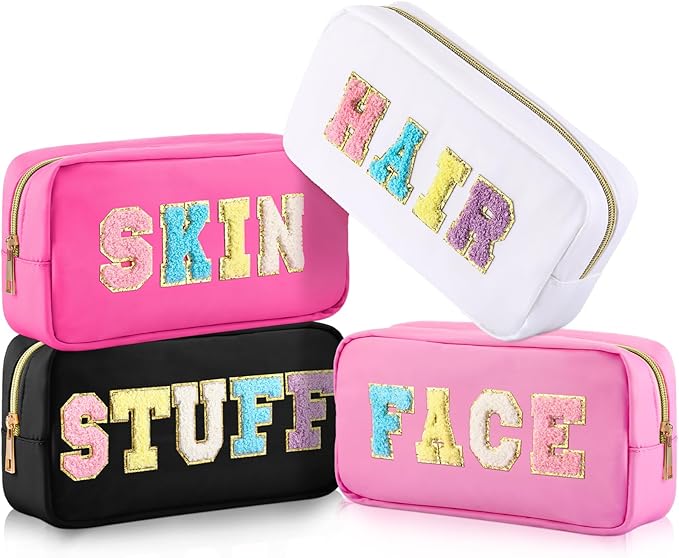 Cunno 4 Pcs Preppy Makeup Bags Chenille Letter Stuff Bag Nylon Cosmetic Pouch Cases with Zipper for Women Travel Toiletry