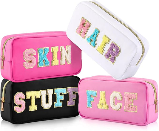 Cunno 4 Pcs Preppy Makeup Bags Chenille Letter Stuff Bag Nylon Cosmetic Pouch Cases with Zipper for Women Travel Toiletry