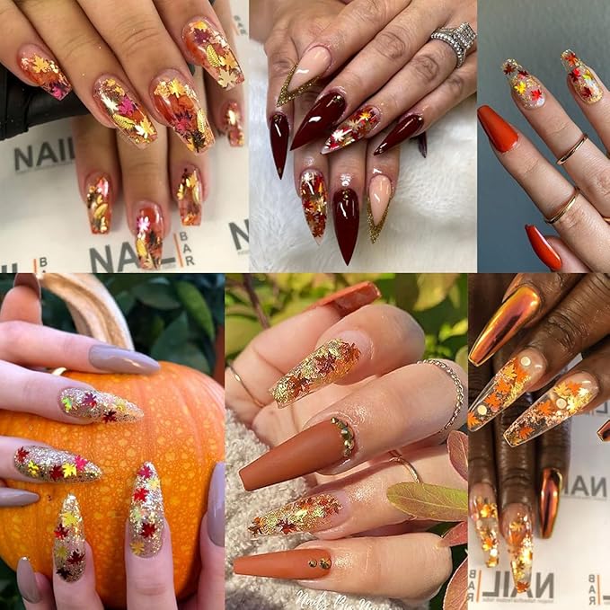 Maple Leaf Nail Art Glitter Sequins 3D Fall & Autumn Maple Leaves Holographic Confetti 6 Colors Laser Leaf Glitter Flakes for Women's Thanksgiving Nails