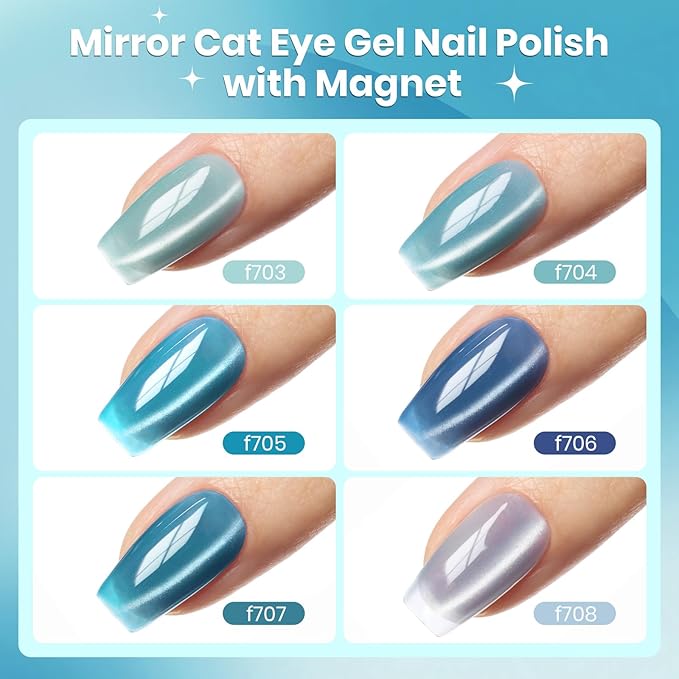 beetles Gel Polish Moonlit Mist Cat Eye Gel Nail Polish Set - 6 Colors Blue Glitter Fall Gel Nail Kit, Jelly Sheer Magnetic Shine Soak Off UV Gel for Salon DIY Manicure Gift for Women
