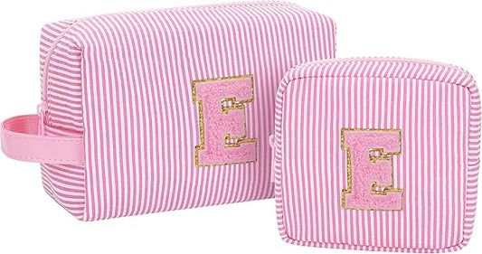 MONSTINA Personalized Initial Makeup Bag for Women,Monogram Make Up Case for Girlfriend Bridesmaid Wife,Birthday Gift for Her Cute Toiletry Bag,2PCS,Pink E
