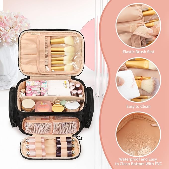 OCHEAL Makeup Bag,Travel Makeup Organizer Bag for Women with Zipper Pouch and Side Pocket, Multifunctional Compartments and Dividers,Toiletry Make up Case for Toiletries, Brushes & Beauty Tools-Black