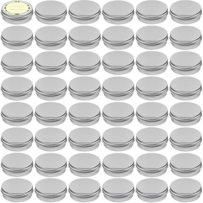 TUZAZO 48Pack 1/2 Oz Aluminum Tin Cans with Screw Lid and Labels, Refillable Travel Sized Cosmetic Containers Small Tins for Lip Balms, Salves, Lotion Bars, Candles