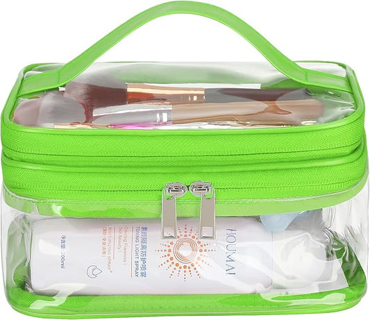 HAOGUAGUA Double Layer Clear Cosmetic Bag Makeup Bag, Waterproof Travel Toiletry Bag, Transparent PVC Pouch Organizer (Green)
