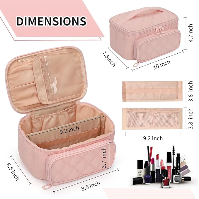 OCHEAL Makeup Bag, Multifunctional Make Up Bags Large Compact Makeup Bag Organizer Cosmetics Toiletry Brushes Storage Case for Women Girls Makeup Case with Handle Divider-Pink Large