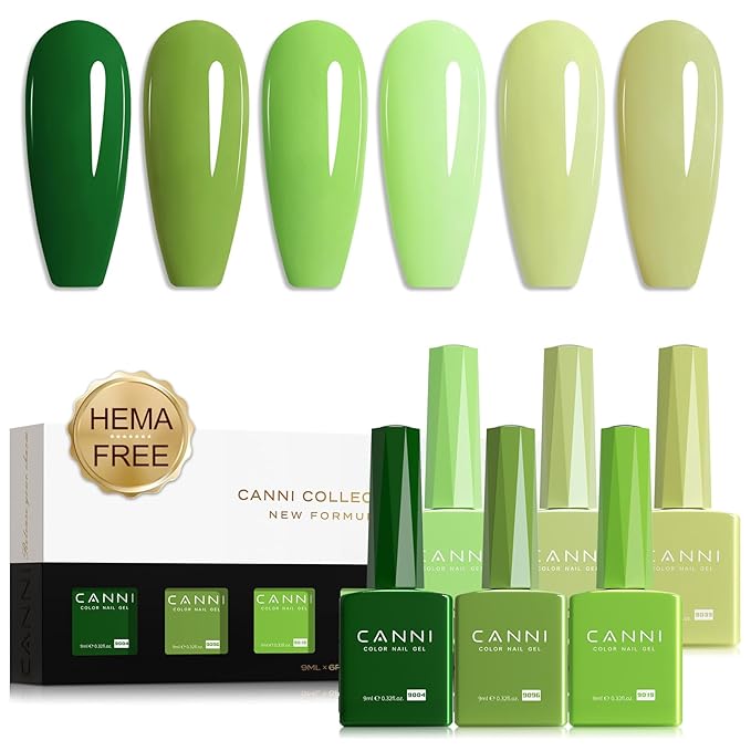 CANNI Green Gel Nail Polish Set – 6 Colors (Olive, Evergreen, Sage, Mint, Light Green), 9ML Soak Off UV LED Gel Nail Kit for Spring Nail Art & DIY Manicure