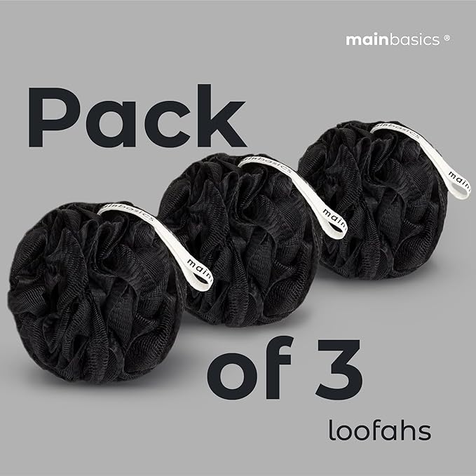 MainBasics Bath Shower Loofah Sponge Pouf Body Scrubber Exfoliator Body Wash Sponge (Set of 3, Triple Black)