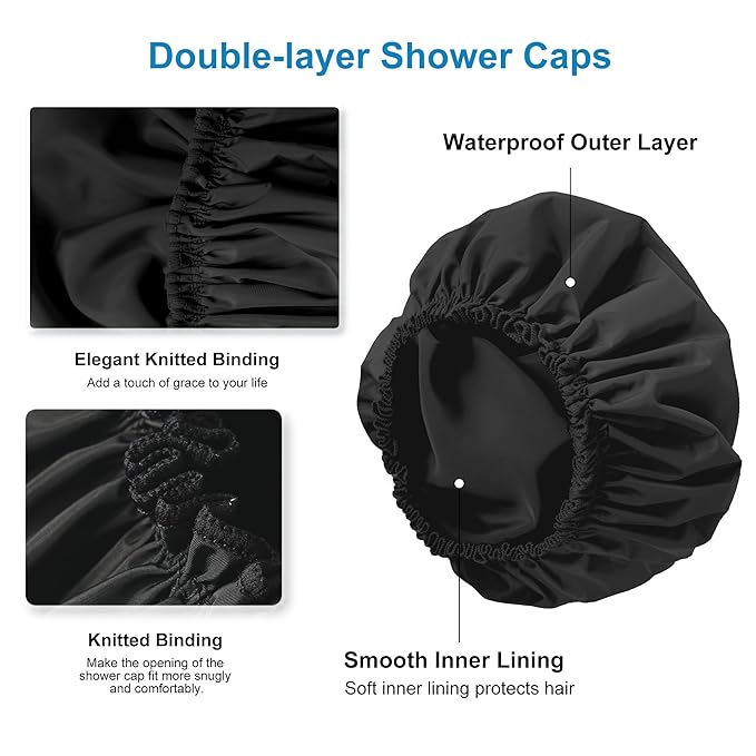 Shower Cap for Women, Double Layer Waterproof Bath Cap, Reusable Hair Protector, Large Waterproof Shower Bonnet Washable Elastic Band Bath Hair Hat for Long Hair, Braids，Black