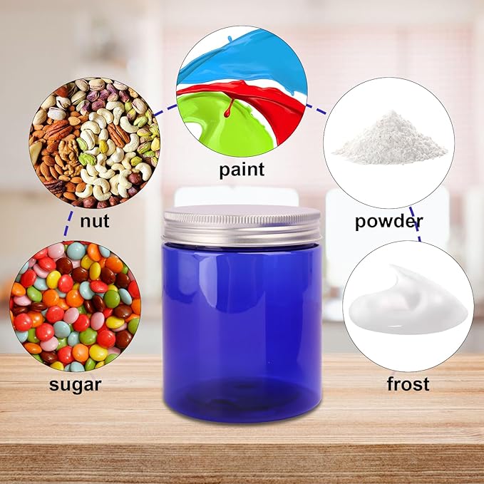 30 Packs 8 oz (250 ml) Blue Plastic Jars with Sliver Lids, Cosmetic Containers jars with Wide-Mouth for slime, beads, rhinestones, sequins Cosmetics, Lotion, Cream, Ointments and More