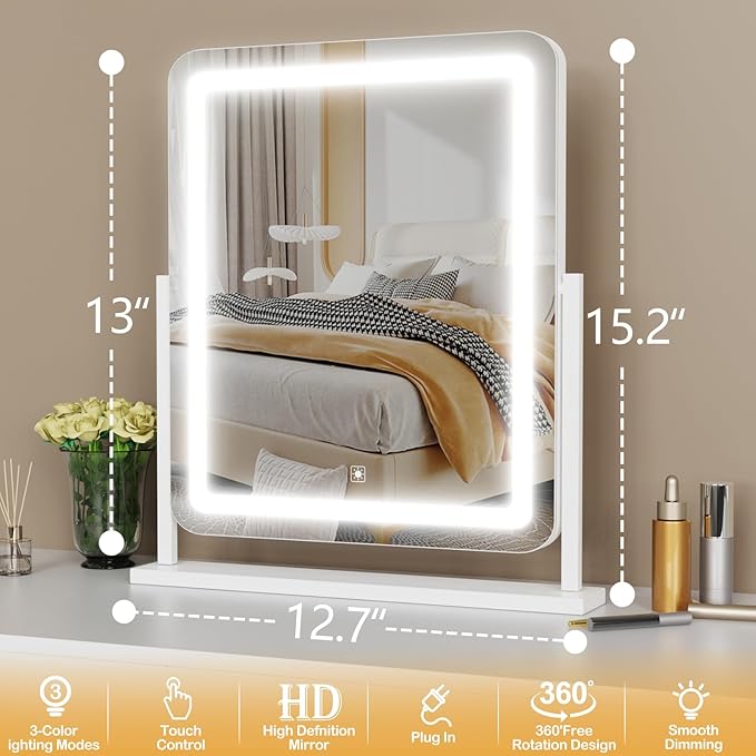 Makeup Vanity Mirror with Lights 15.2" Large LED Lighted Mirror, Hollywood Make Up Mirror with Lighting for Bedroom Tabletop, Smart Touch,Detachable 10X Magnification 360° Rotation, (White)