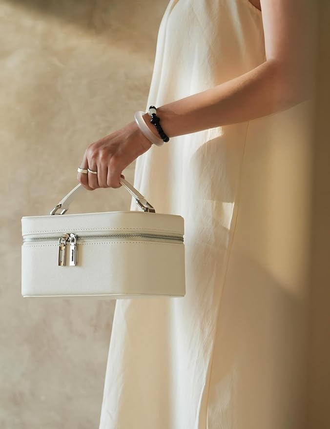 Popvibe Makeup Vanity Bag with Lighted Mirror, Compact Leather Travel Make Up Case with Brush Storage and Handle, White Small Train Case Luxury Cosmetic Case Lighted Up Toiletry Bag for Women, White