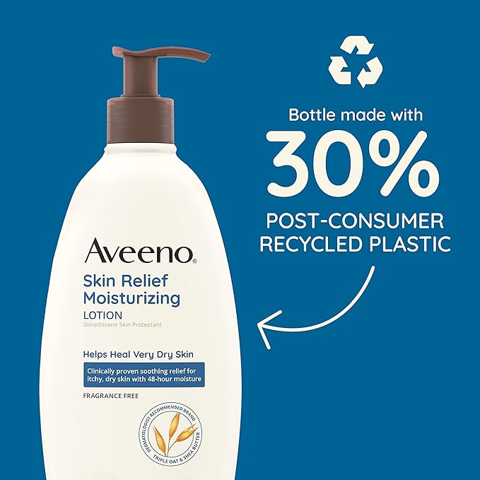 Aveeno Skin Relief Moisturizing Lotion Heals Very Dry, Sensitive Skin, Fast-Absorbing Body Lotion with Soothing Triple Oat & Shea Butter Formula, Fragrance Free, Non-Comedogenic, 18 fl. oz