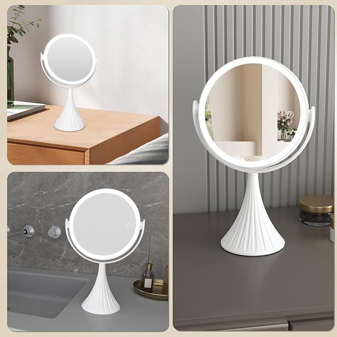 Makeup Mirror with Lights, 1X/10X LED Magnifying Vanity Mirror, HD Lighted Mirror for Desk, 3 Color Lights Adjustable Brightness, 360° Rotation 2-Sided 7.6" Dorm Room Mirror, Women Birthday Gifts