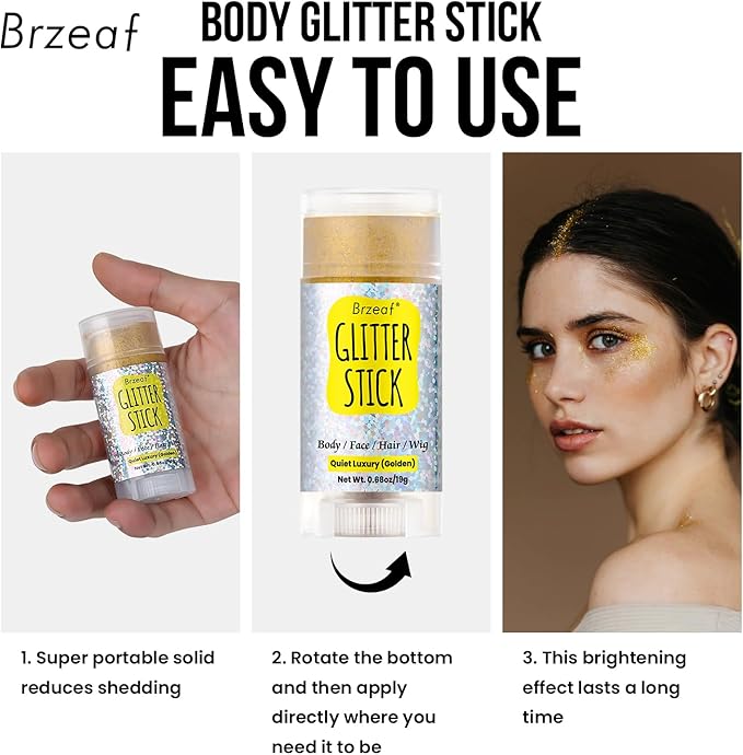 Brzeaf Waterproof Golden Glitter Stick, Halloween Glitter Makeup, Shimmery & Long Lasting, Chunky Glitter for Face/Body/Hair/Eyes/Lip, Singer Concert Music Halloween Christmas Rave Festival