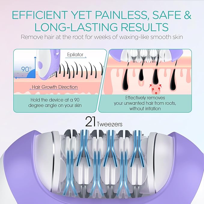 Epilators Hair Removal for Women with 21 Tweezers & LED Light, 2 Speeds Cordless Epilator for Women, Electric Hair Removal Epilators Rechargeable for Arms & Legs HR110 (Purple)