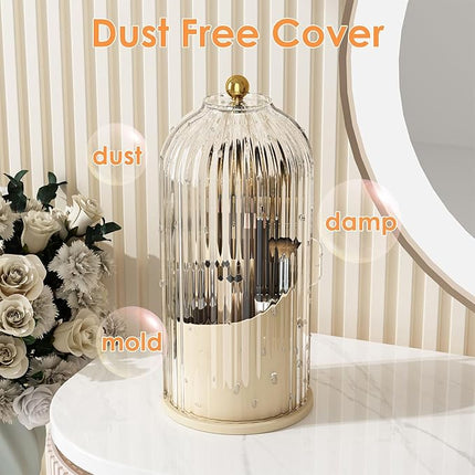 Makeup Brush Holder with Lid 360 Rotating Clear Dustproof Make Up Organizers for Vanity Bathroom Countertop, White Beige