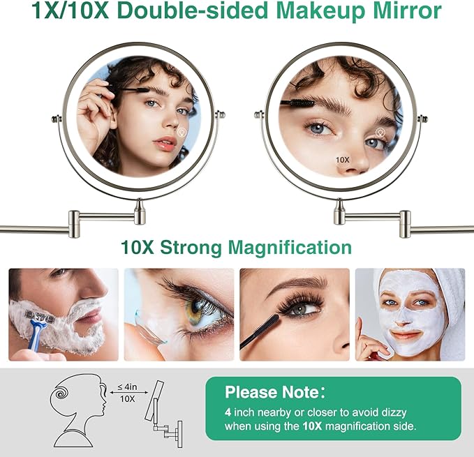 Rechargeable Wall Mounted Makeup Mirror Brushed Nickel, 8.5'' Magnifying Mirror with Lights Double-Sided 1X/10X 360° Rotation Extension Bathroom Shaving Mirror with Foldable Arm